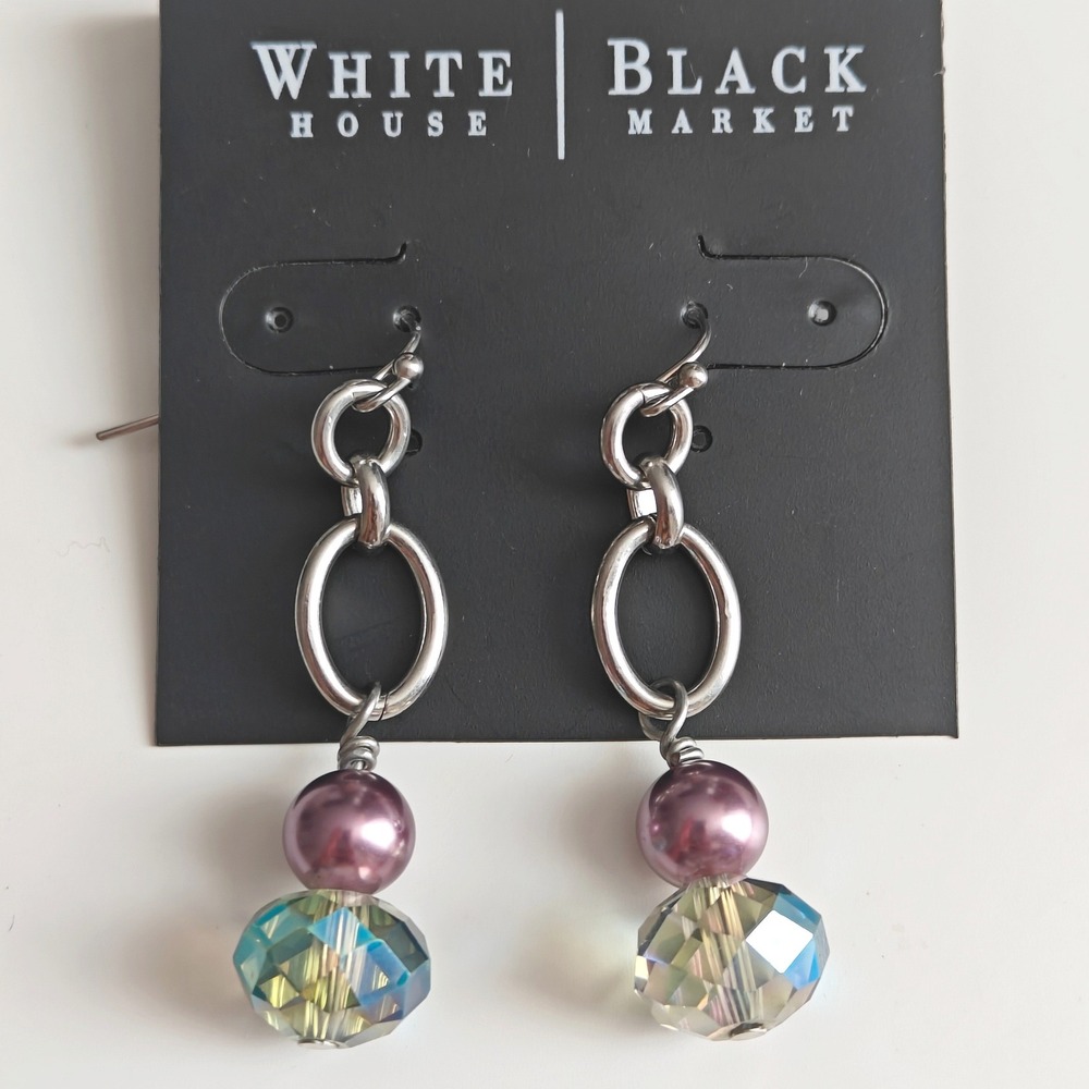 White House Black Market Silver Purple Pearl Iridescent Crystal Drop Earrings